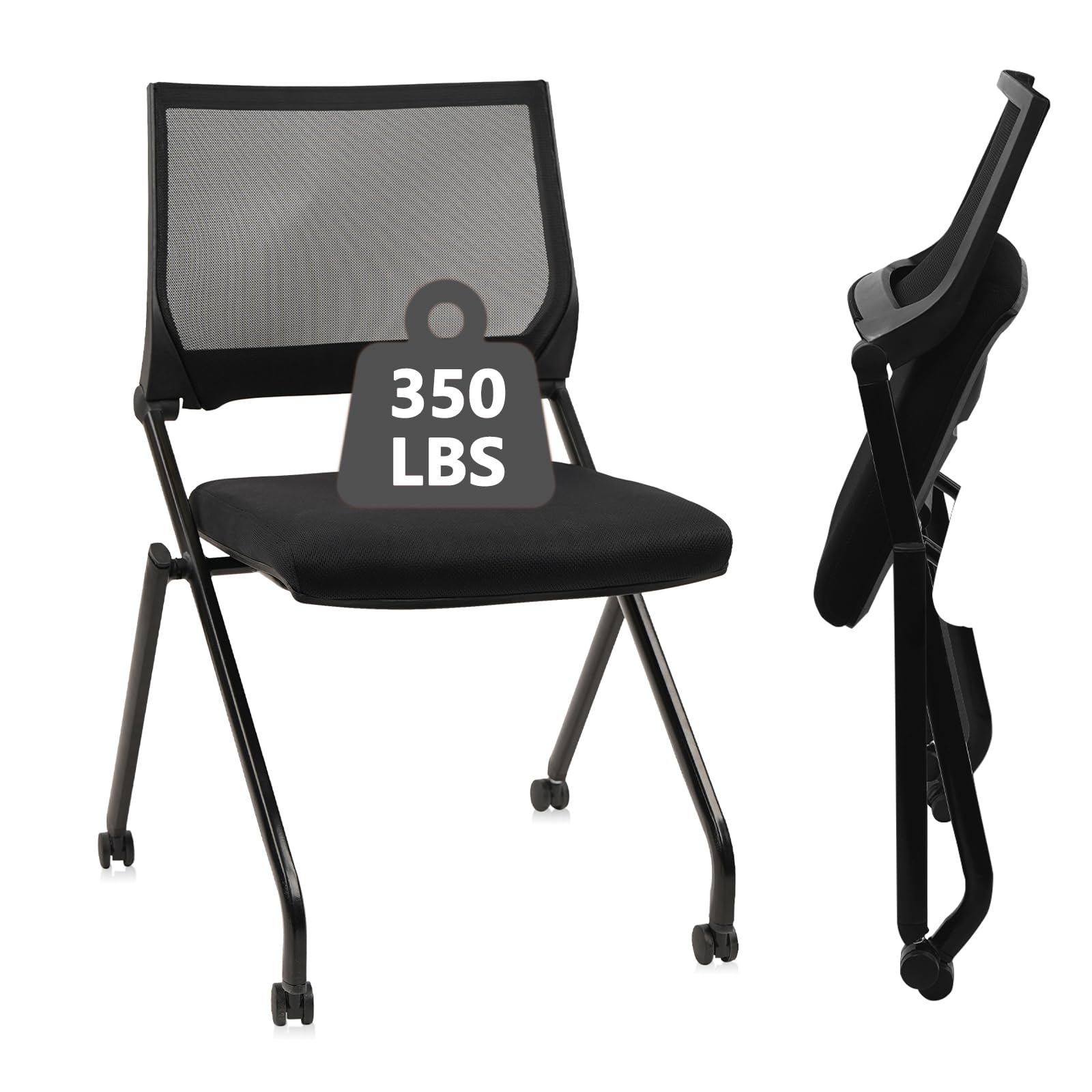 2PACK, Stackable & Foldable Chairs with Wheels, Reception Guest Chairs with Lumbar Support, Ergonomic Mesh Back Folding Chair for Office Schools Training Conference Waiting Room, Black