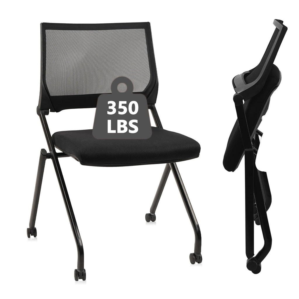 2PACK, Stackable & Foldable Chairs with Wheels, Reception Guest Chairs with Lumbar Support, Ergonomic Mesh Back Folding Chair for Office Schools Training Conference Waiting Room, Black