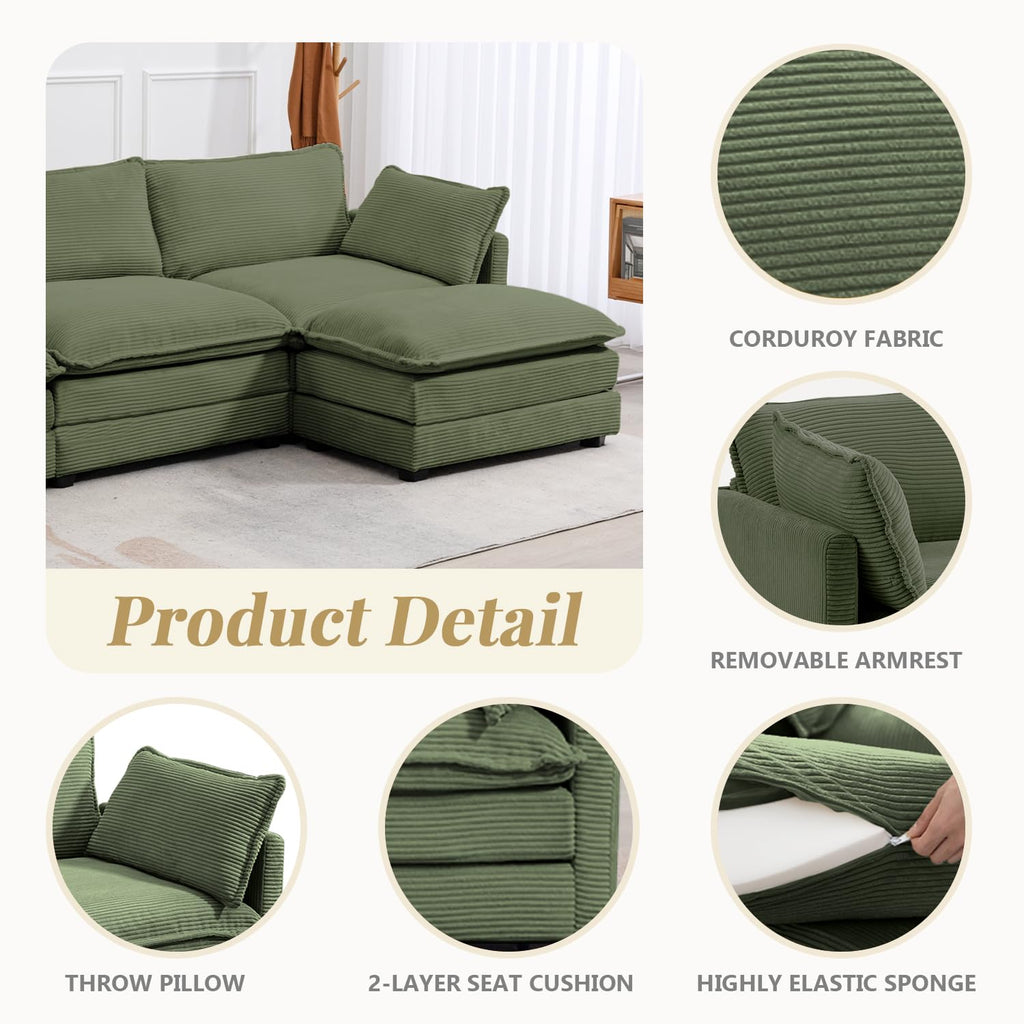 112'' Sectional Modular Cloud Couch, Oversized L Shaped 3 Seat Sofa with Movable Ottomans, 2 Throw Pillows, Upholstered Corduroy L Shape Comfy Deep Couches for Living Room and Office, Green