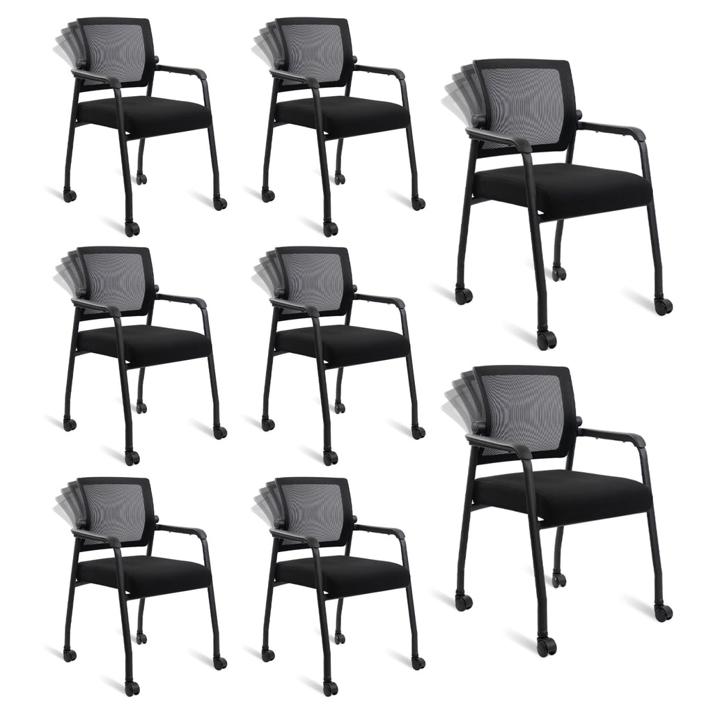 Waiting Room Chairs with Wheels, Adjustable Mesh Backrest, Desk Chair with Ergonomic Lumbar Support and Thickened Seats Cushion, 8 Pack Black