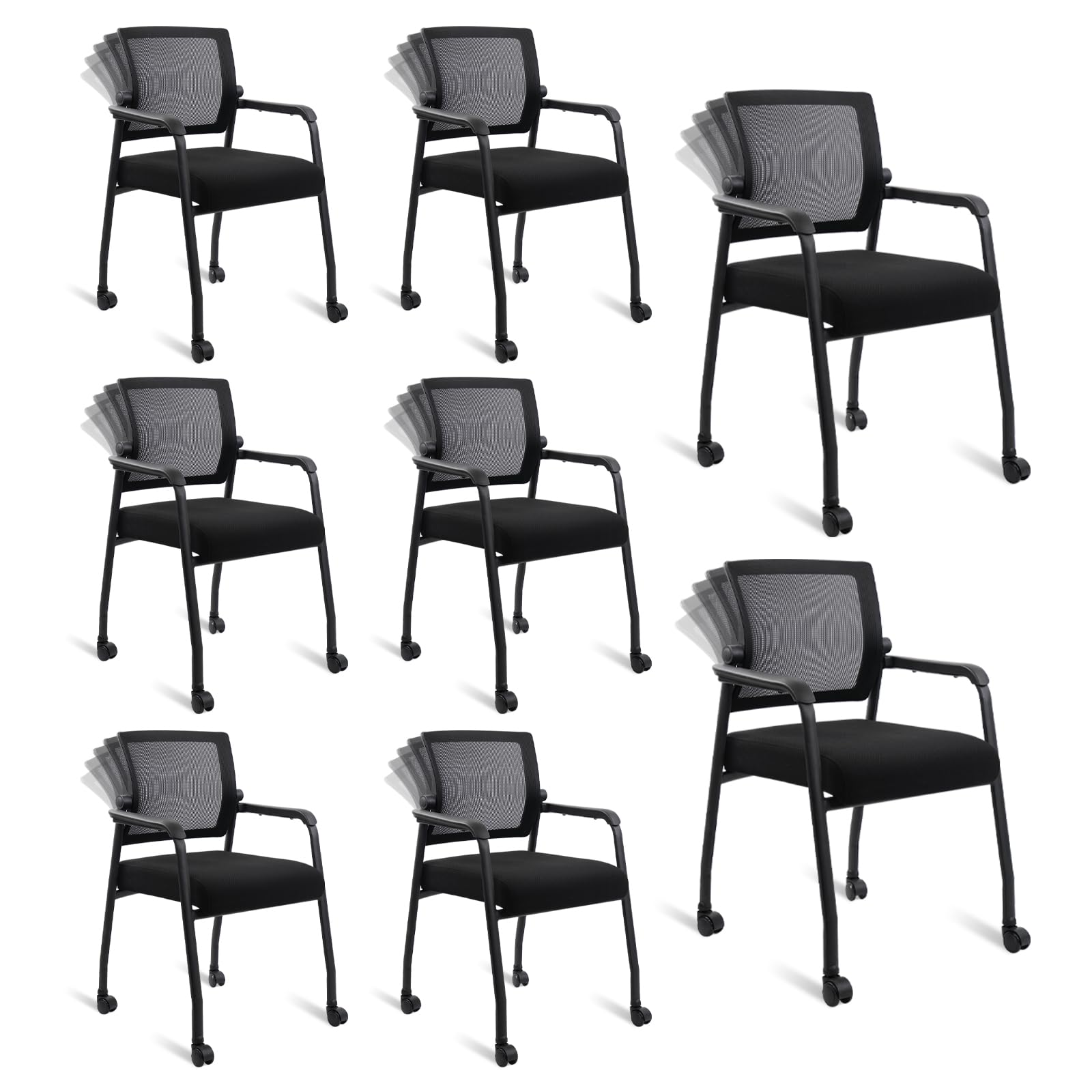 Waiting Room Chairs with Wheels, Adjustable Mesh Backrest, Desk Chair with Ergonomic Lumbar Support and Thickened Seats Cushion, 8 Pack Black