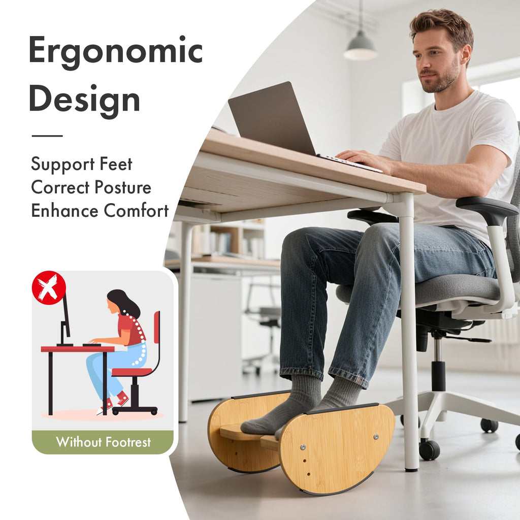 Bamboo Foot Rest for Under Desk at Work, 2-in-1 Reversible Rocking Footrest Adjustable Foot Stool, Ergonomic Footrest for Under Gaming Desk, Feet Support Leg Footstools for Home Office