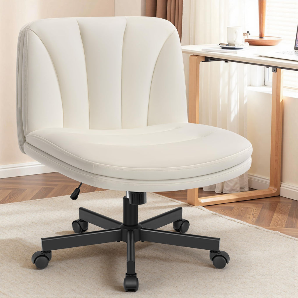 Criss Cross Chair with Wheels, Cross Legged Office Chair, Armless Wide Vanity Desk Chair with Comfty PU Leather & Back - Swivel Height Ajustable for Home Office Bedroom, Pearl White