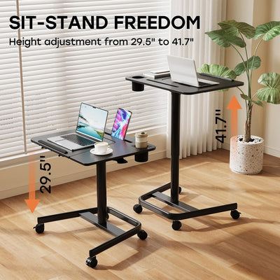 Mobile Standing Desk, Height Adjustable Table, 60° Tiltable Rolling Laptop Desk, Portable Sit Stand Desk with Wheels Cup Holder for Bed Couch Hospital, Holds Up to 22lbs, Black