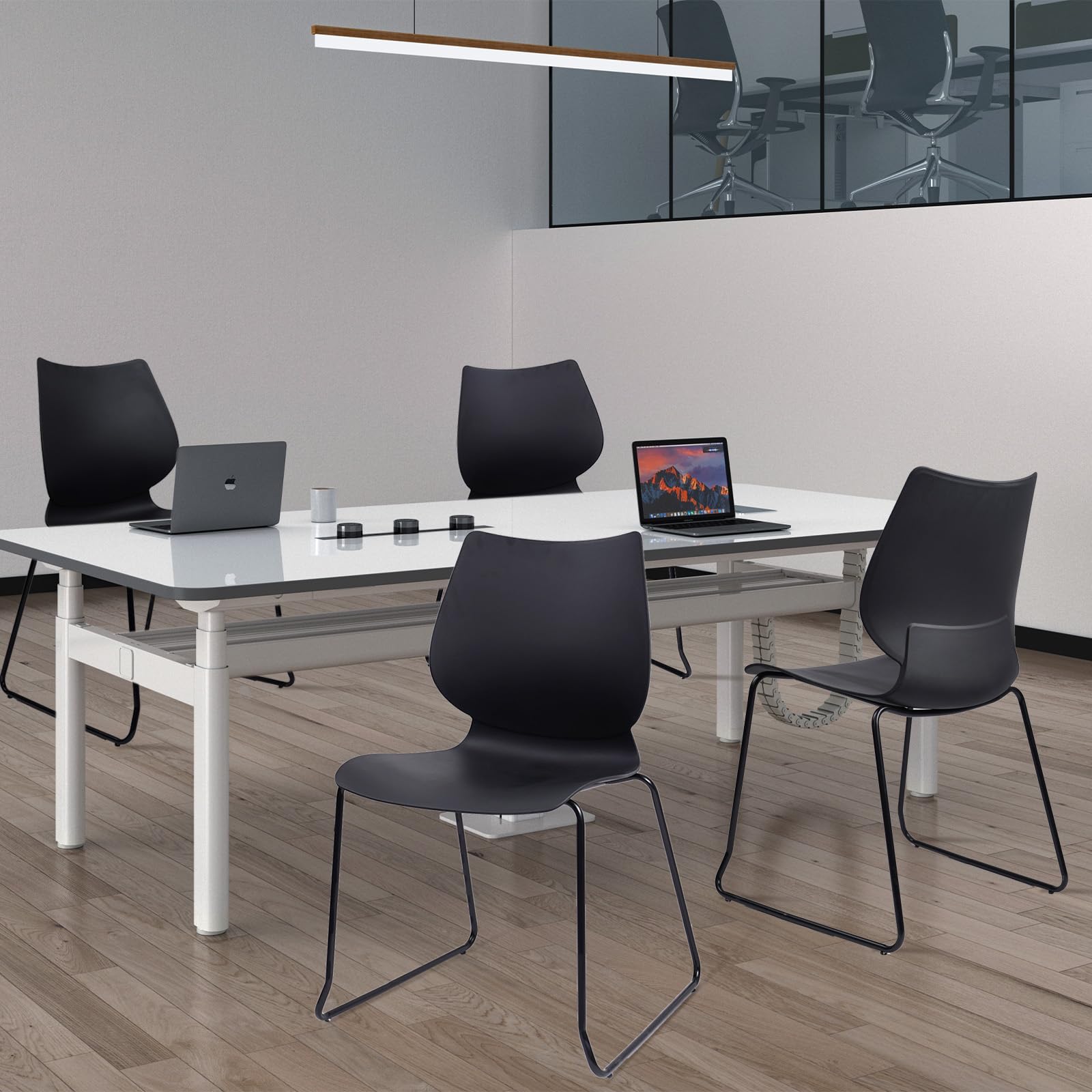 Set of 8, Black, Stackable Waiting Room Chair, Stacking Office Chair with Ergonomic Lumbar Support and Metal Legs, Plastic Desk Chairs for Conference School Church Guest Reception