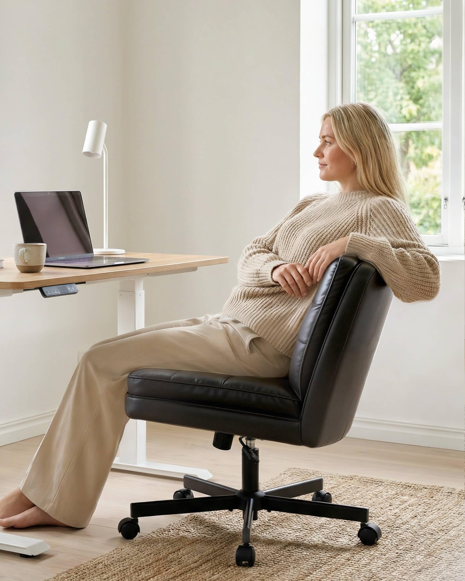 Cross Legged Office Chair with Wheels Armless Office Desk Chair, Modern Vanity Computer Task Chairs for Home Bedroom, Comfortable Wide Seat for Lower Back Pain Relief, PU Leahter, Black