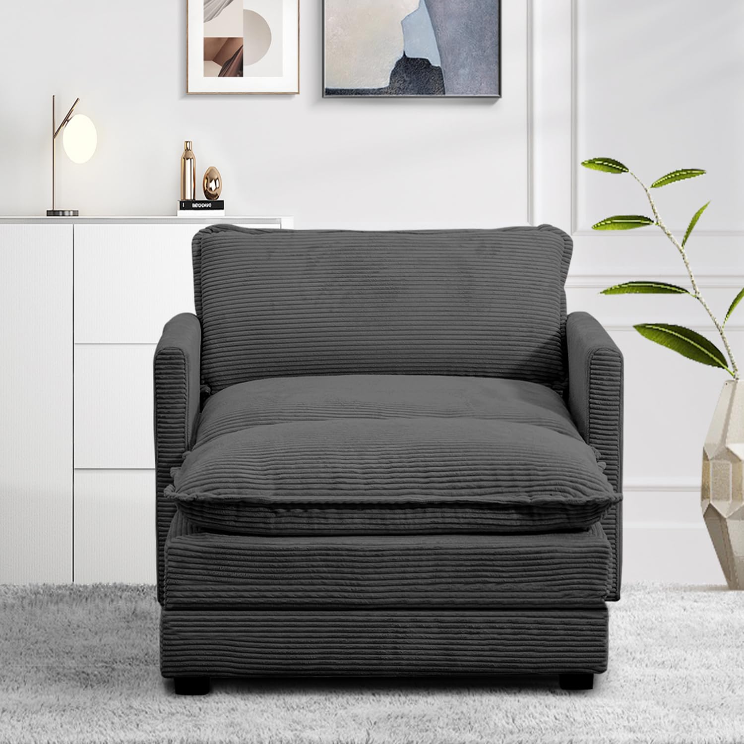 Single Armchair with Ottoman, Modern Corduroy Cloud Couch with Convertible Chaise, Upholstered Sofa Set for Living Room and Office, Dark Grey