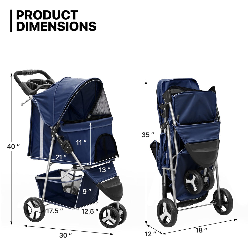3 Wheels Pet Stroller, Foldable Dog Cat Cage Jogger Stroller with Weather Cover for All-Season, Storage Basket and Cup Holder, Breathable and Visible Mesh for Small/Medium Pets, Blue