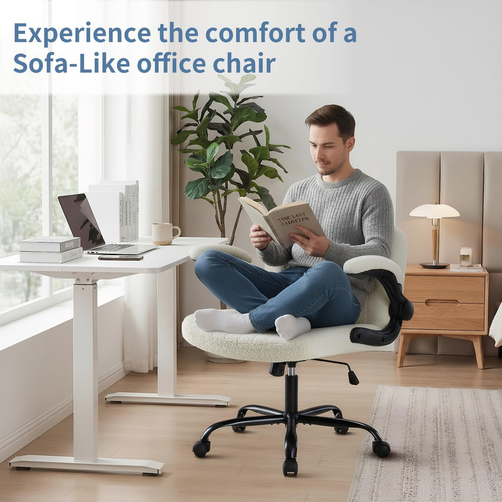 Criss Cross Home Office Chair with Wheels, Wide Cross Legged Desk Vanity Chair Comfy Fabric Flip-Up Armrests Adjustable Swivel Chairs for Home Computer Bedroom, Beige