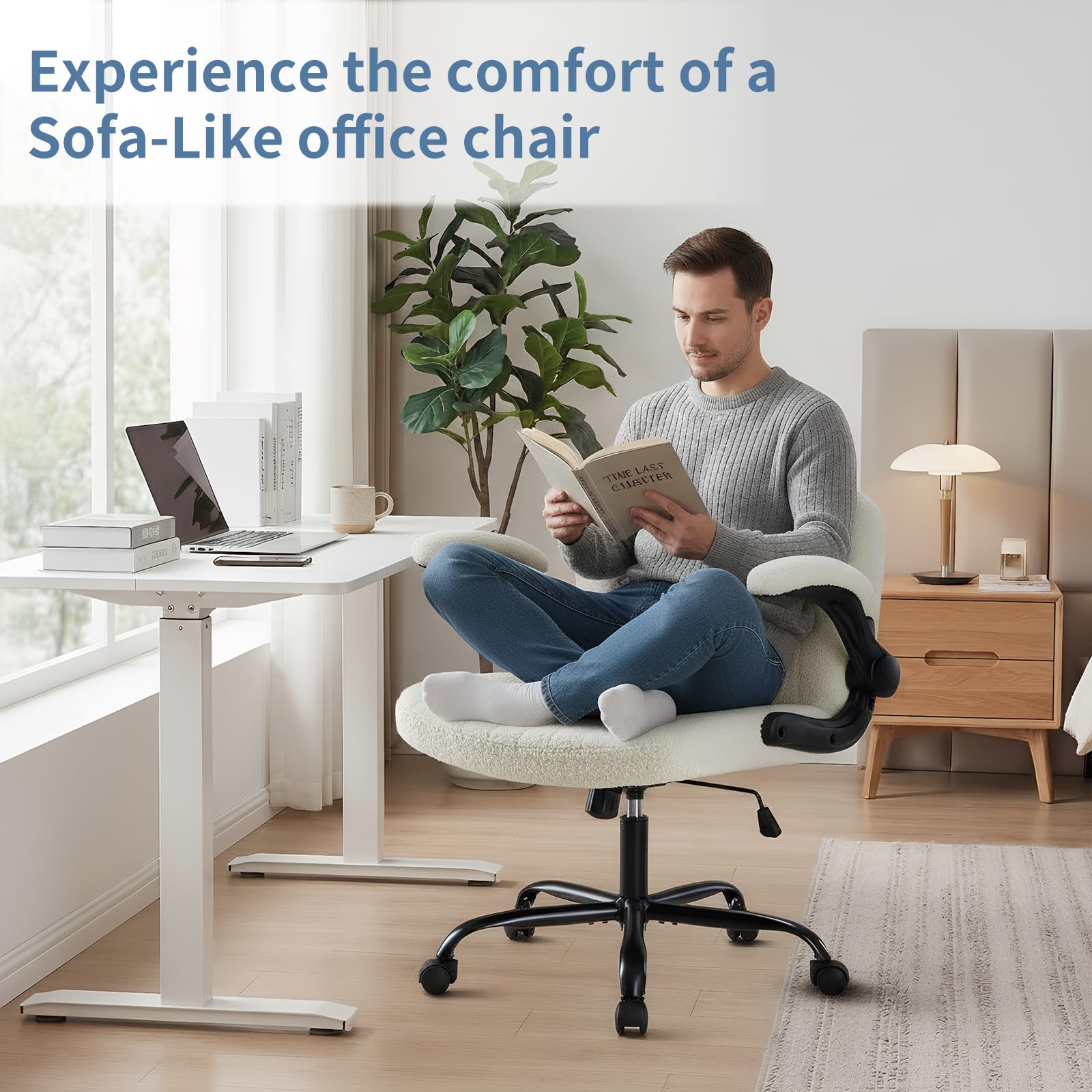 Criss Cross Home Office Chair with Wheels, Wide Cross Legged Desk Vanity Chair Comfy Fabric Flip-Up Armrests Adjustable Swivel Chairs for Home Computer Bedroom, Beige