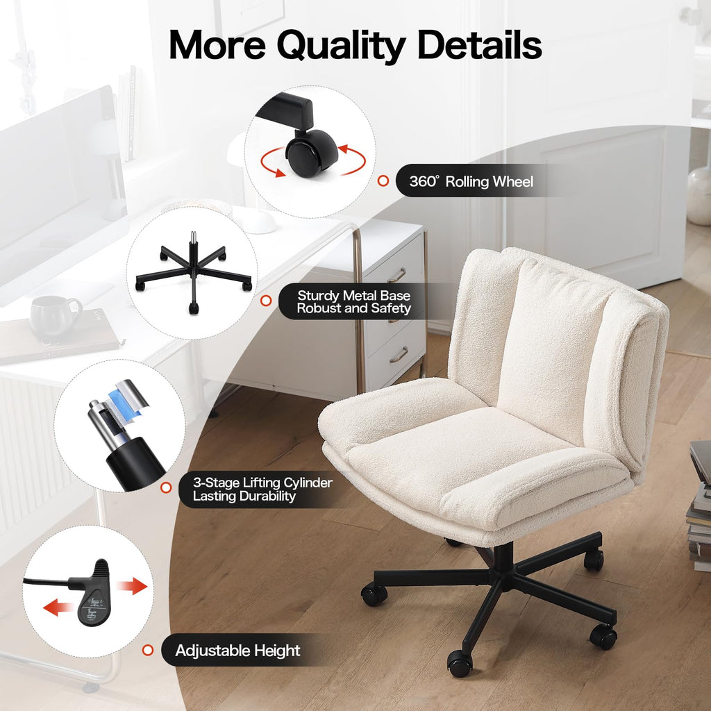 Criss Cross Chair with Wheels, Armless Makeup Chair with Wide Furry Seat, Height-Adjustable Vanity Chair, Convertible Between Fixed & Swivel Casters Office Chair Cross-Legged Chair - Cream