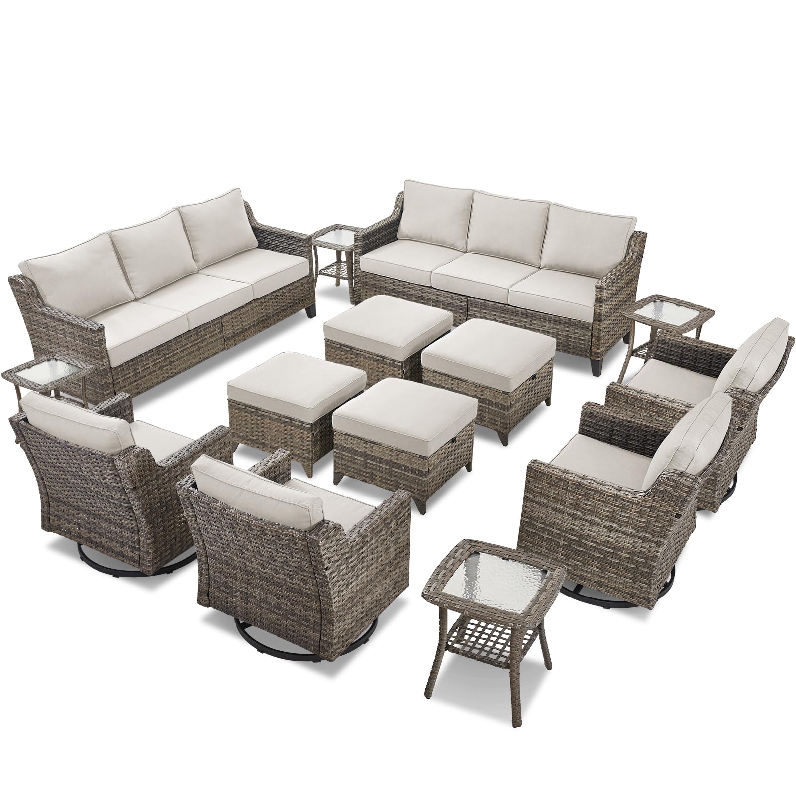 14 Piece Patio Furniture Set-High Back Outdoor Furniture Set Sectional Sofa with Wicker Swivel Patio Chairs,Comfy Cushions Ottomans for Porch Balcony Patio Deck Grey/Beige