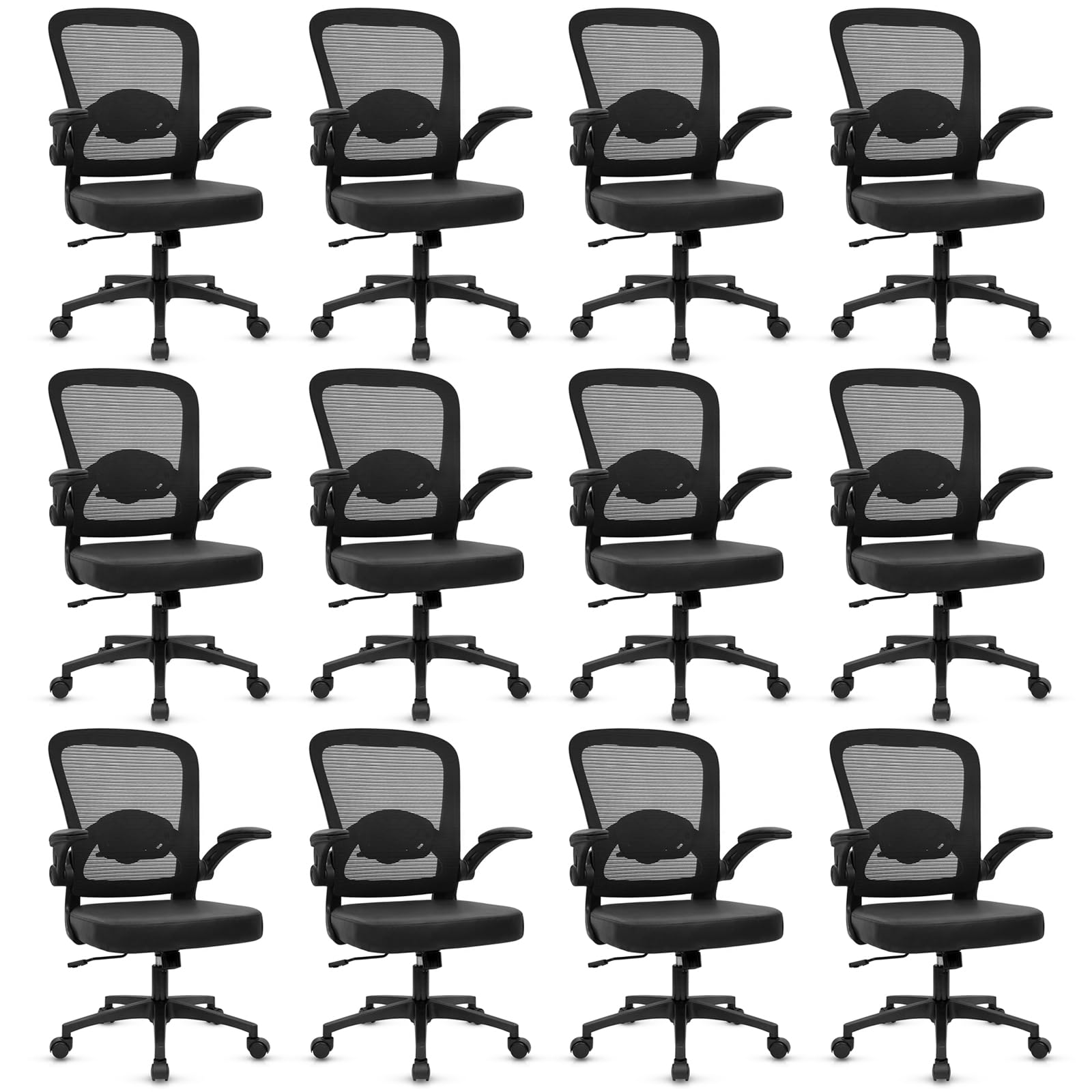 (12PK) Home Office Desk Chair with Flip Up Armrests, Mesh Back Chair with Adjustable Height Lumbar Support and Leather Seat, Ergonomic Computer Task Chair for School, Conference, Black