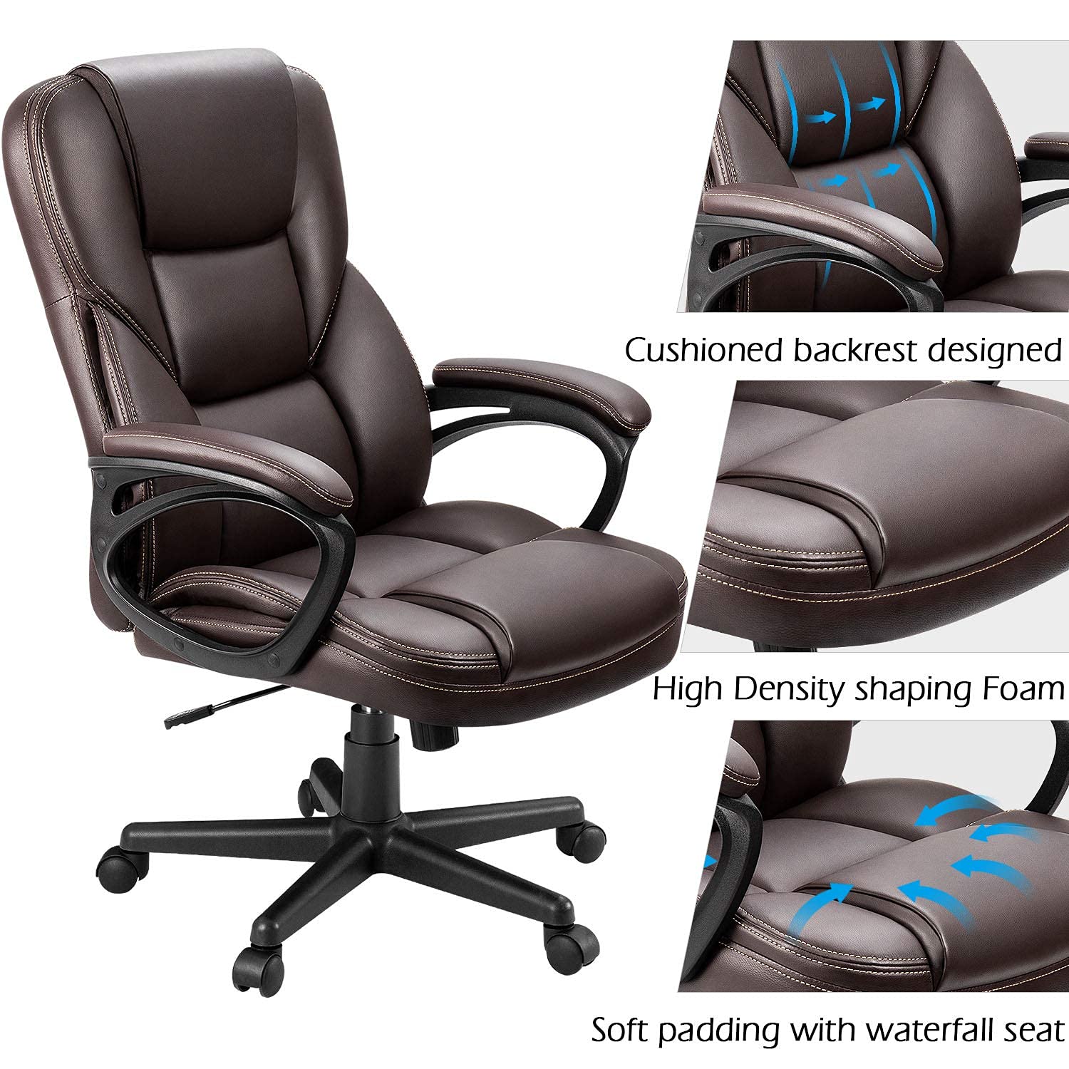 Office Executive Chair High Back Adjustable Managerial Home Desk Chair, Swivel Computer PU Leather Chair with Lumbar Support (2, Brown)