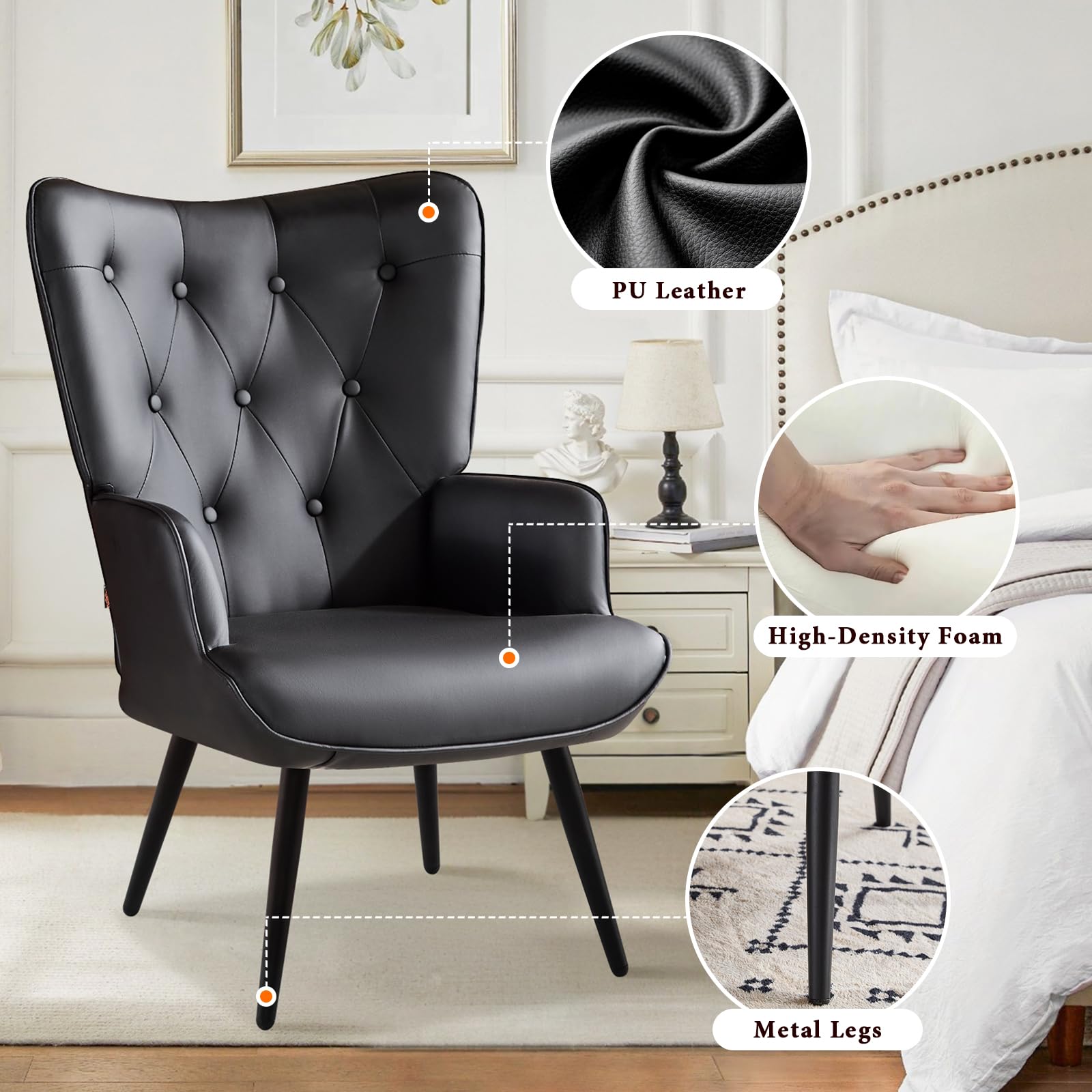 PU Leather Accent Chair with Ottoman, Upholstered Reading Chair with High Backrest, Tufted-Button Wingback Armchair for Bedroom, Dressing Room, Home Office, Black