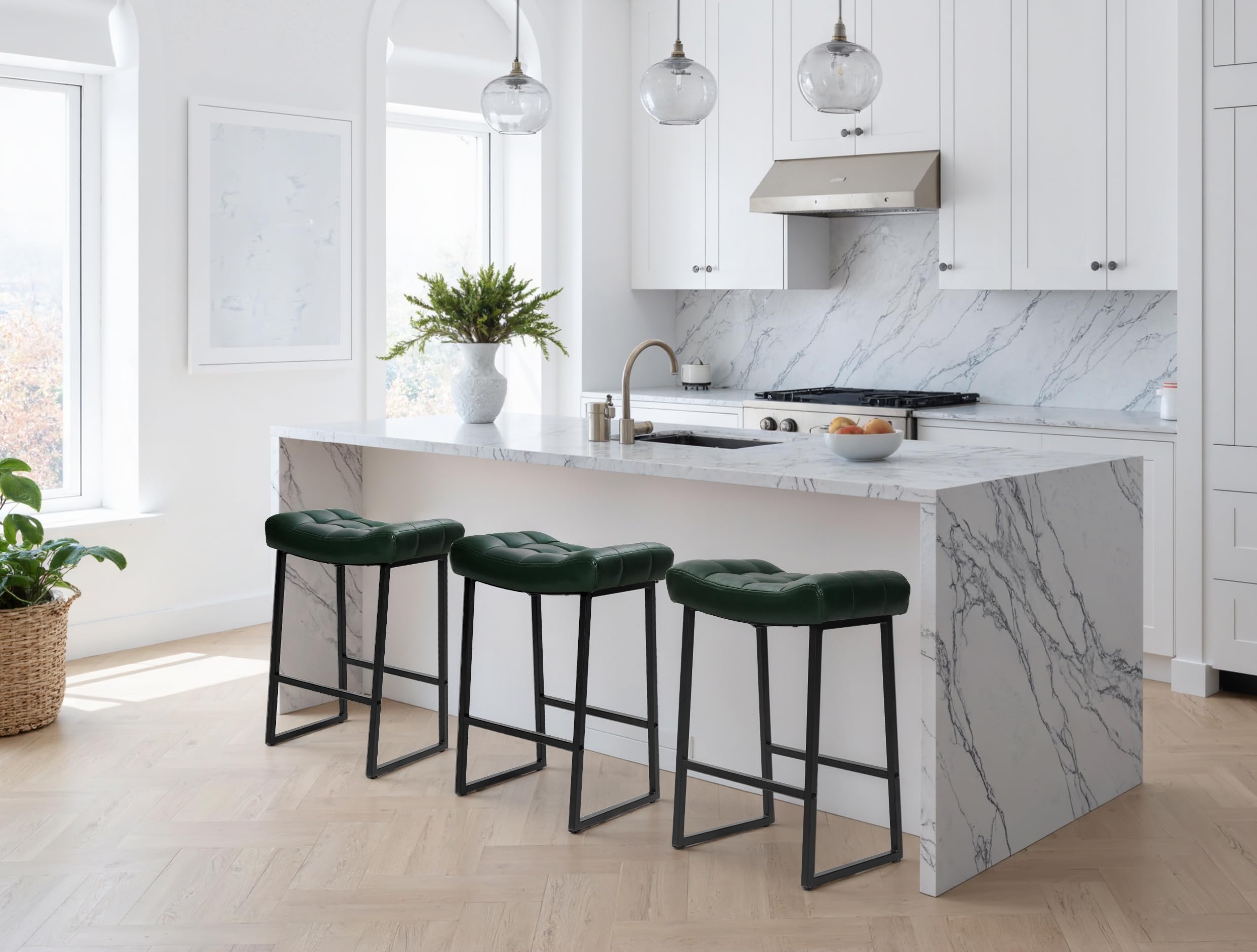 Modern Bar Stools Set of 2 for Kitchen Counter 24 inch Counter Height Backless Barstools with Upholstered Faux Leather Saddle Seat and Metal Frame Industrial Bar Chairs, Dark Green
