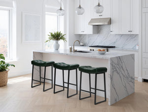 Modern Bar Stools Set of 2 for Kitchen Counter 24 inch Counter Height Backless Barstools with Upholstered Faux Leather Saddle Seat and Metal Frame Industrial Bar Chairs, Dark Green