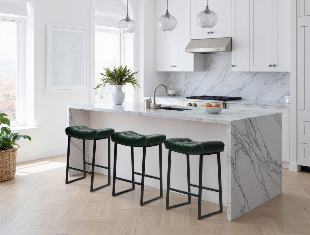 Modern Bar Stools Set of 4 for Kitchen Counter 24 inch Counter Height Backless Barstools with Upholstered Faux Leather Saddle Seat and Metal Frame Industrial Bar Chairs, Dark Green