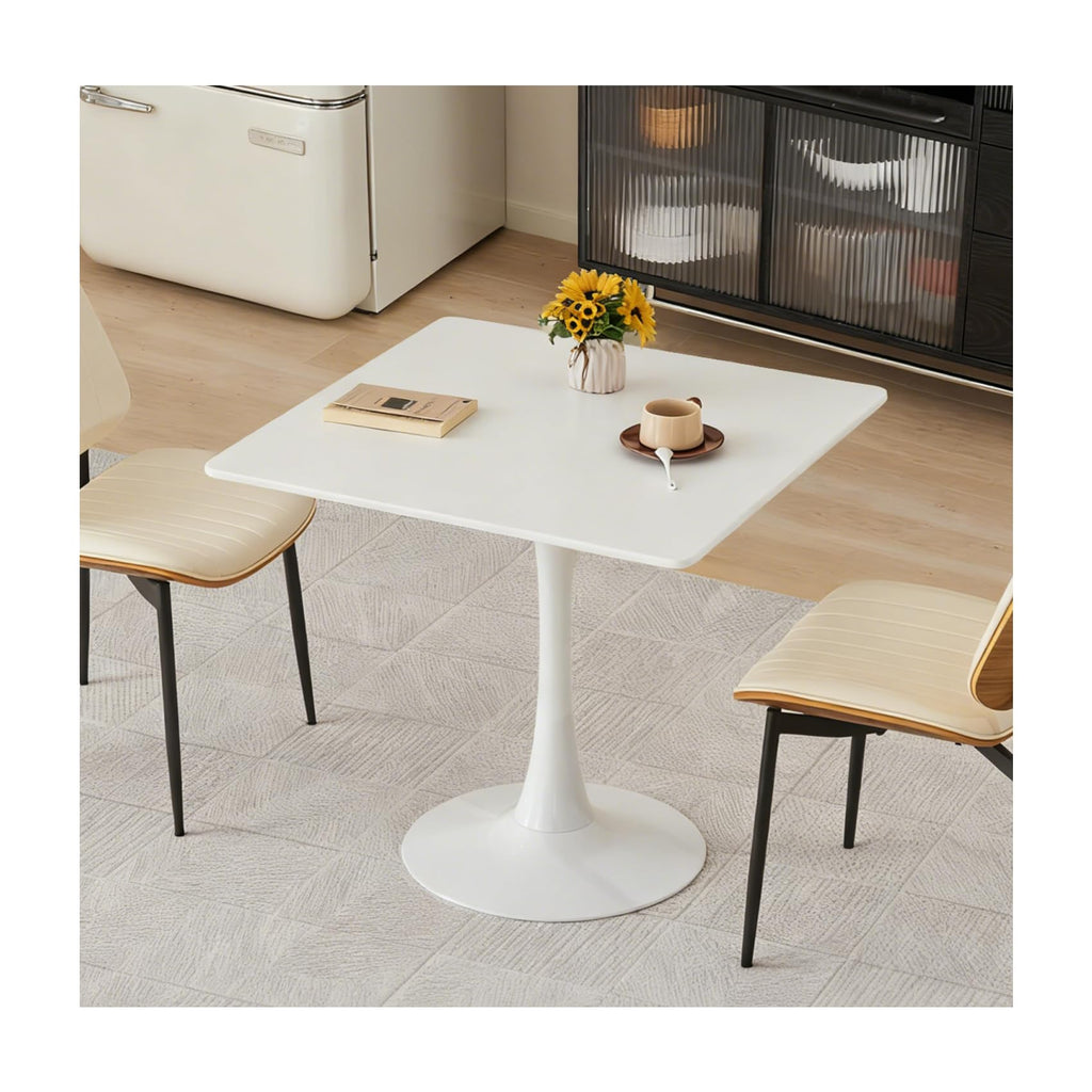 Square Dining Table, 31.5" Tulip Table with Thickened Tabletop & Metal Pedestal, Mid Century Modern Bistro Table for Kitchen, Small Places, Living Room, Cafe (White)
