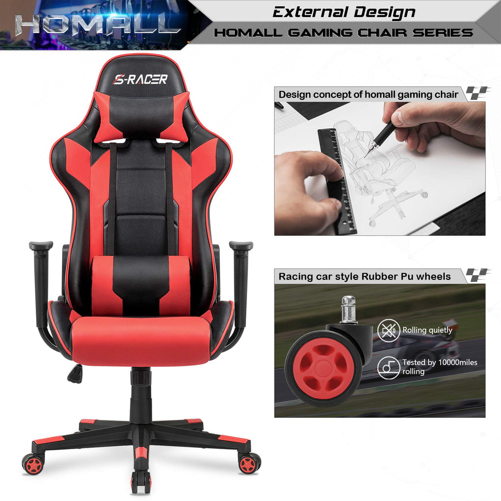 Gaming Chair, Office Chair High Back Computer Chair Leather Desk Chair Racing Executive Ergonomic Adjustable Swivel Task Chair with Headrest and Lumbar Support (Red)