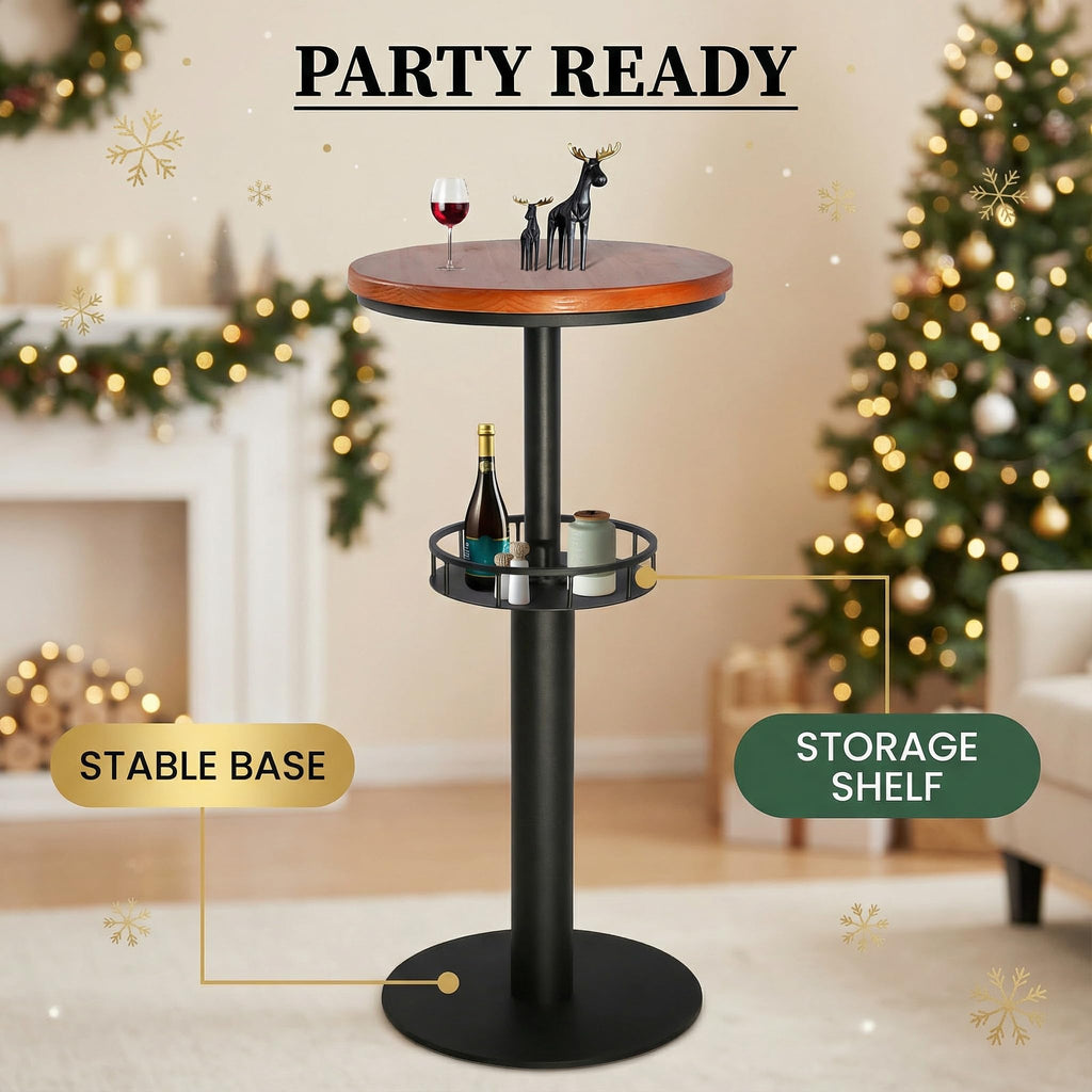 42" Tall Rustic Industrial Bar Table with Storage-19.68" Dia Round Wooden Top Metal Bar Height Adjustable Standing Pub Table-Dining Room Cocktail Bistro Table