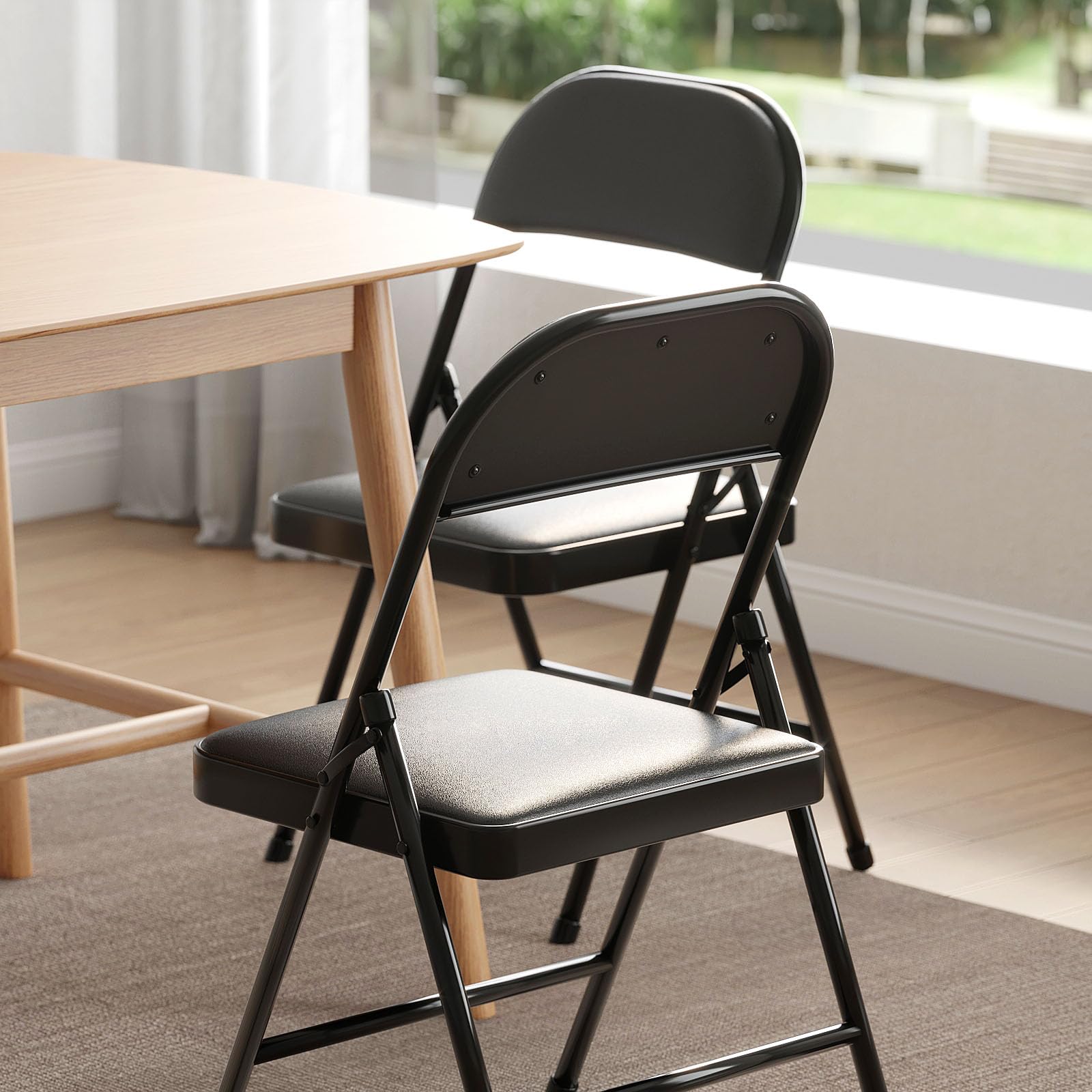 4 Pack Folding Chairs with Padded Vinyl Cushion Chairs with Comfortable Cushion and Durable Steel Frame for Home and Office, for Indoor and Outdoor Events (Black, Vinyl)