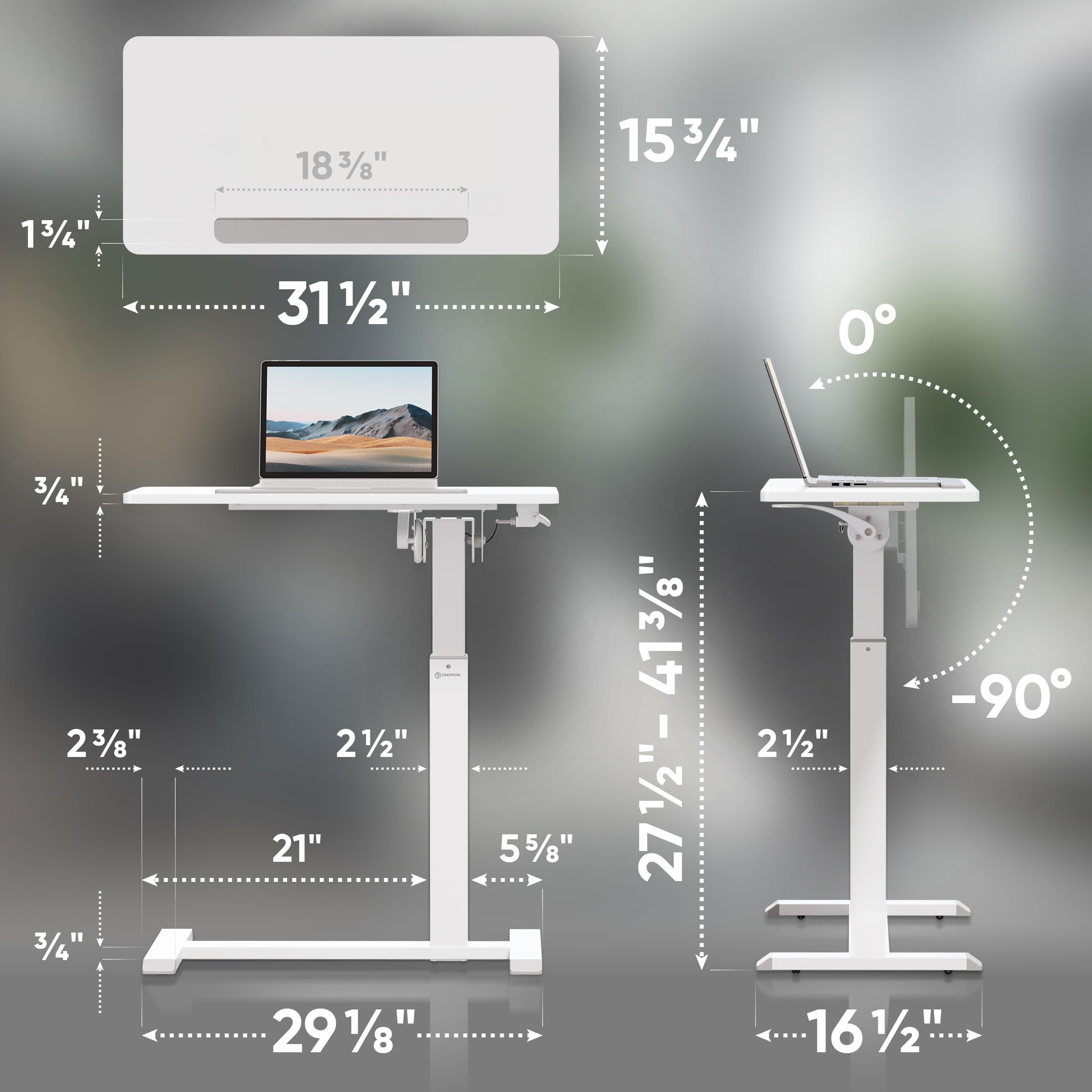 Laptop Cart on Wheels, max Load up to 17.6 lbs, Small Rolling Table with Hidden Wheels, Mobile Standing Desk Adjustable Height, 90° Tilting Portable Workstation, Overbed Bedside Desk White