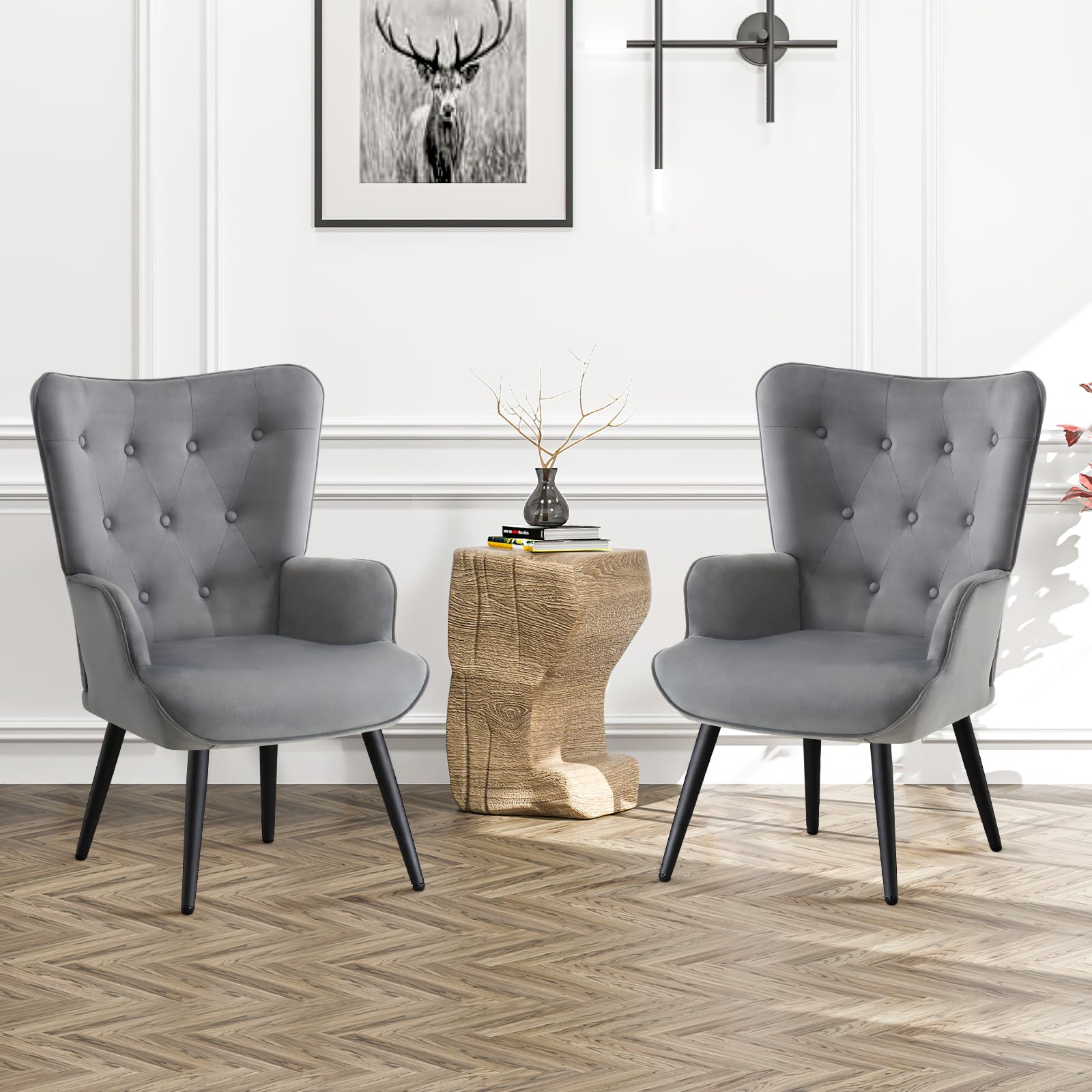 Velvet Accent Chair for Living Room, Upholstered Reading Chair with High Backrest, Tufted-Button Wingback Armchair for Bedroom, Dressing Room, Home Office, Light Grey, Set of 2