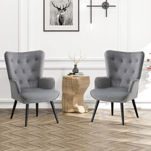 Velvet Accent Chair for Living Room, Upholstered Reading Chair with High Backrest, Tufted-Button Wingback Armchair for Bedroom, Dressing Room, Home Office, Light Grey, Set of 2