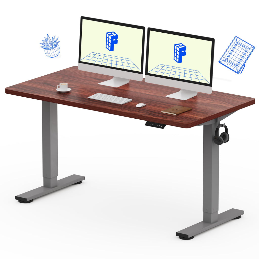 EN1 One-Piece Standing Desk, Electric Adjustable with 4 Memory Presets, 176 LBS Capacity, Stable & Quiet, Seamless Desktop for Home Office & Dual Monitors, 55"x28" Mahogany(Silver Frame)