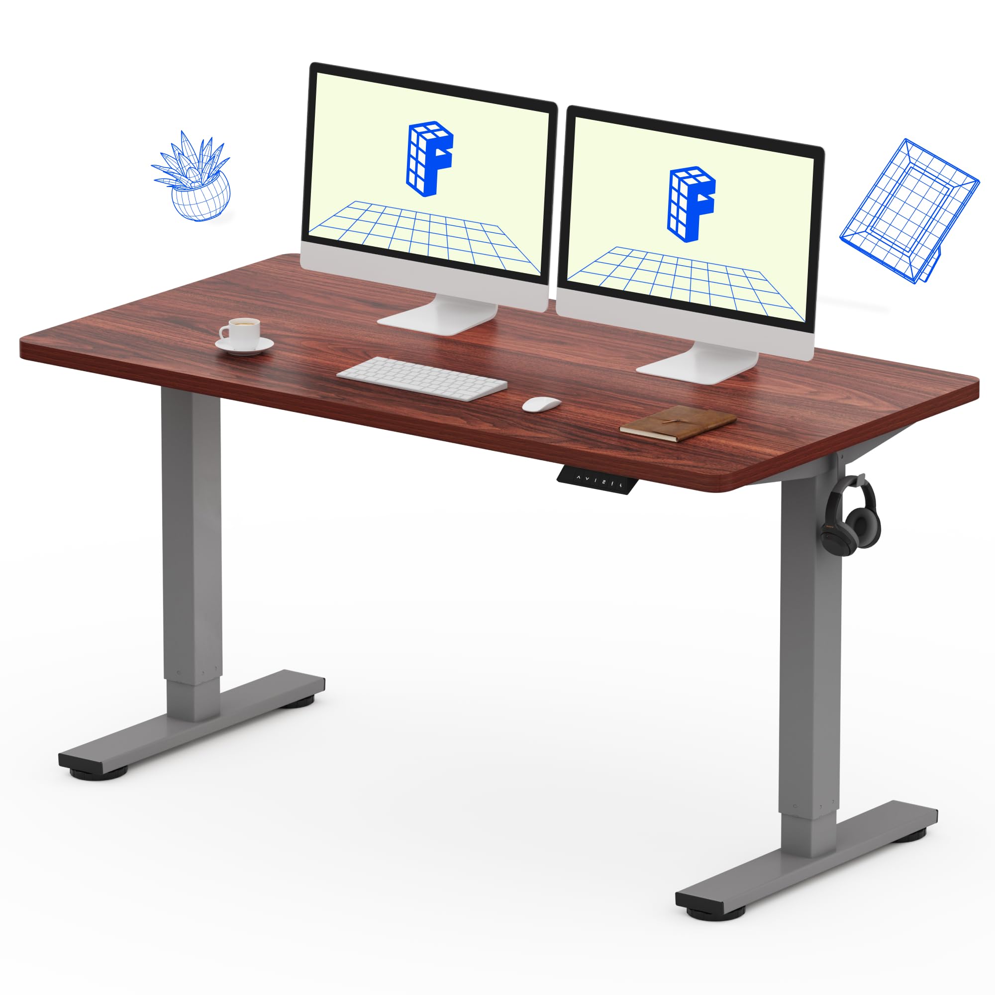 EN1 One-Piece Standing Desk, Electric Adjustable with 4 Memory Presets, 176 LBS Capacity, Stable & Quiet, Seamless Desktop for Home Office & Dual Monitors, 55"x28" Mahogany(Silver Frame)