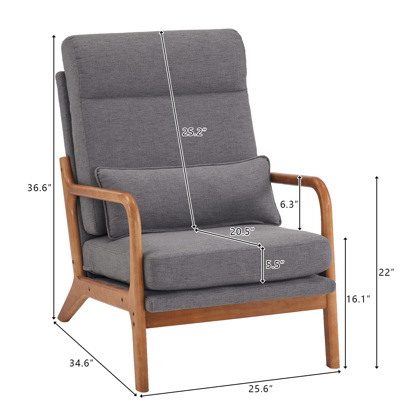 High Back Linen Dark Grey Mid Century Modern Accent Chair, Soild Wood Padding Lounge Armchairs Side Sitting Chairs for Living Room, Bedroom, Guest Room