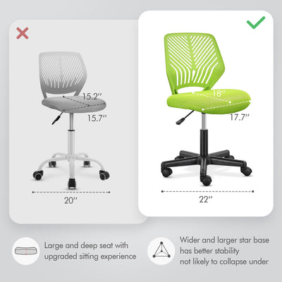 Kids Cute Desk Chair Armless Small Computer Chair with Lumbar Support for Teens Low-Back Bedroom School, Green