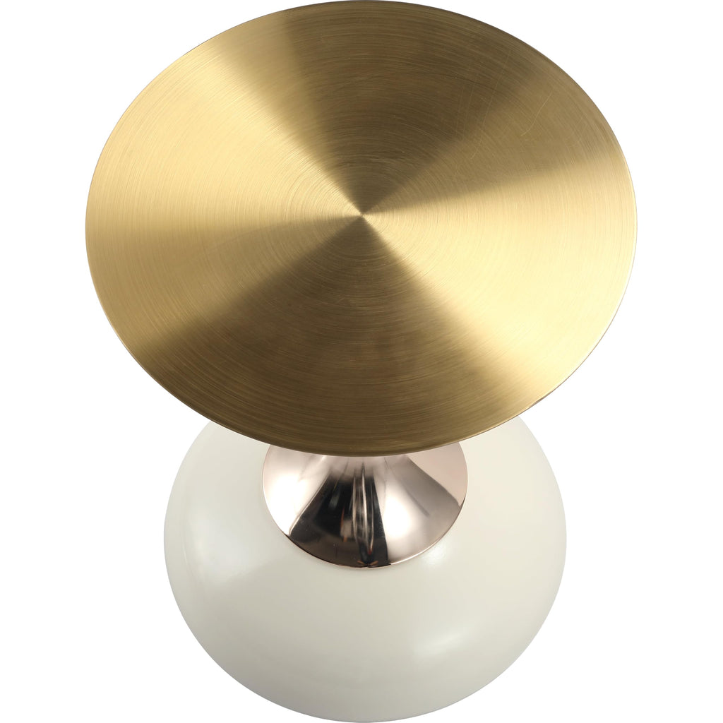 Modern Round Side Table with Gold Stainless Steel Top, Gold Pedestal Stem & Glossy Base, Accent End Table for Living Room, Bedroom, or Small Spaces, 17.7" × 21.6", White