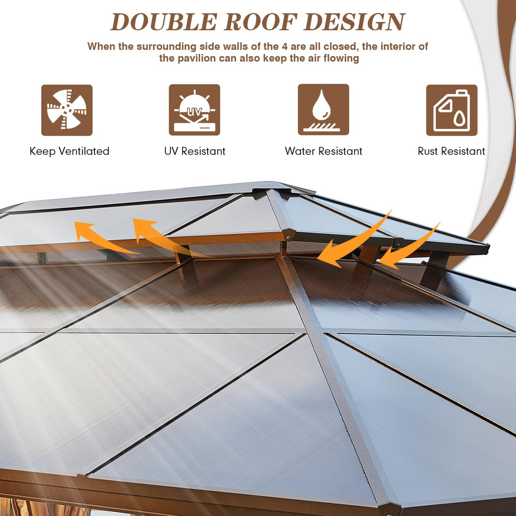 12'x16' Gazebo Polycarbonate Double Roof Pavilion Gazebo Outdoor Aluminum Frame Canopy with Netting and Curtains for Garden Patio Lawns Parties