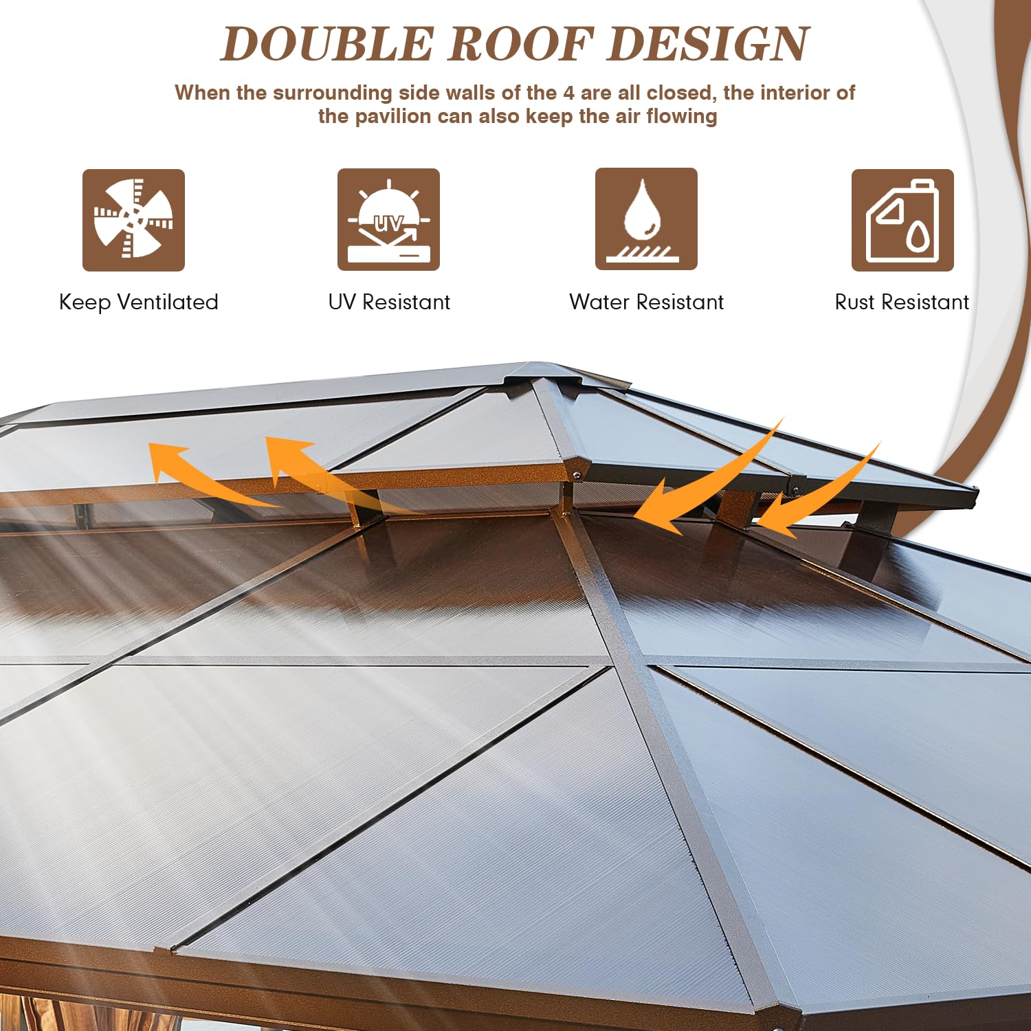 12'x16' Gazebo Polycarbonate Double Roof Pavilion Gazebo Outdoor Aluminum Frame Canopy with Netting and Curtains for Garden Patio Lawns Parties