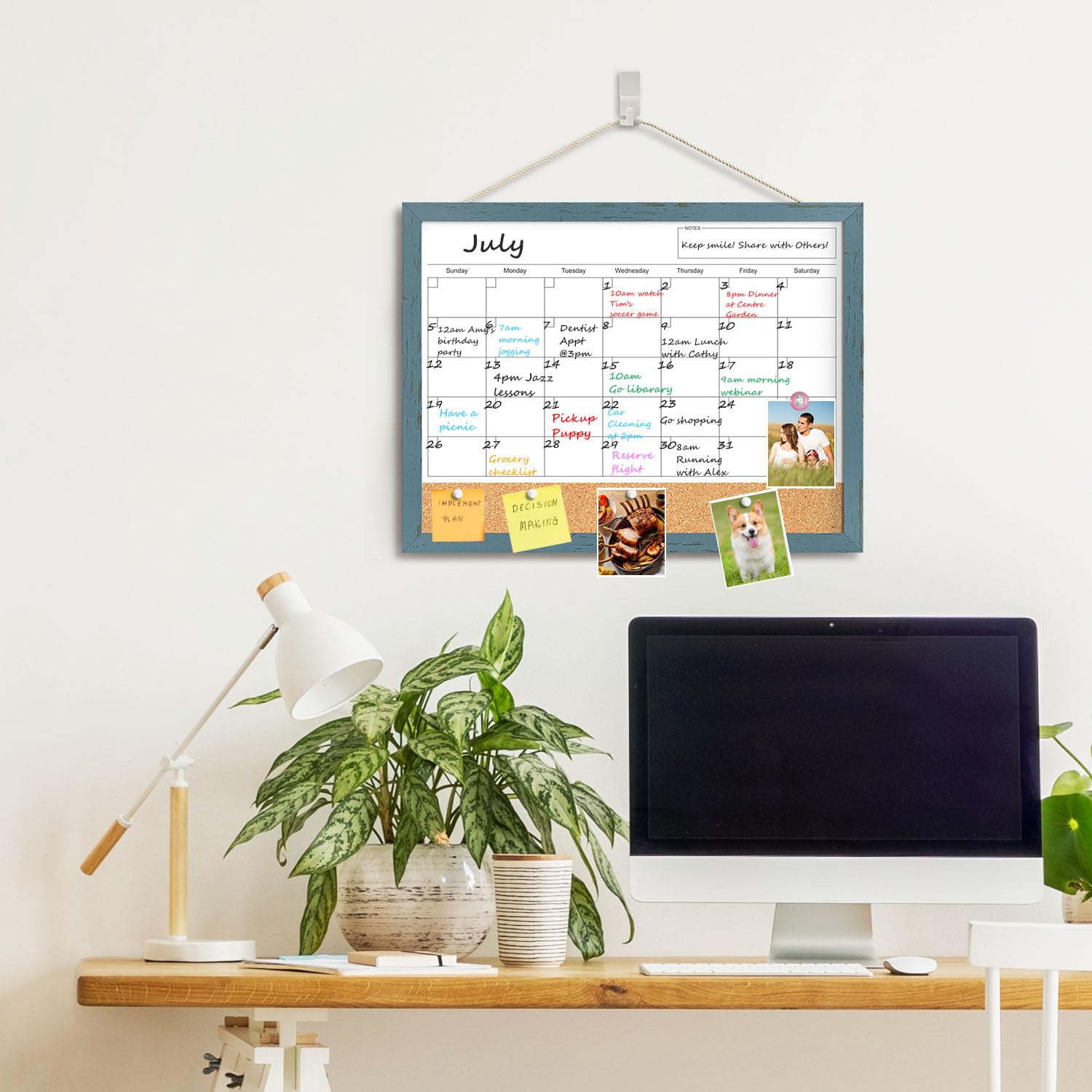 Whiteboard Calendar & Corkboard for Wall, 17x13 Inches Dry Erase Monthly Calendar with Wood Framed, Magnetic White Board Cork Board Combo, Bulletin Board for Home Office Kitchen Memo Planner