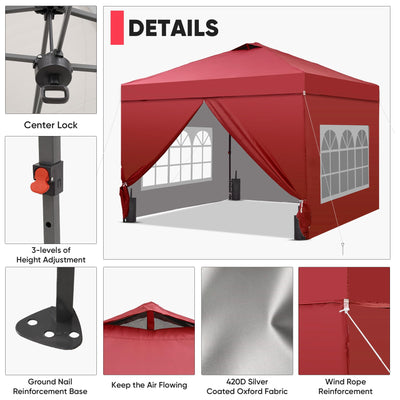 12x12 Pop Up Canopy Tent with 4 Sidewalls, Easy Set up with One Push Lift Gazebo with Wheel Bag and4 Sandbags,Carpas for Events, Parties,Camping, Red.