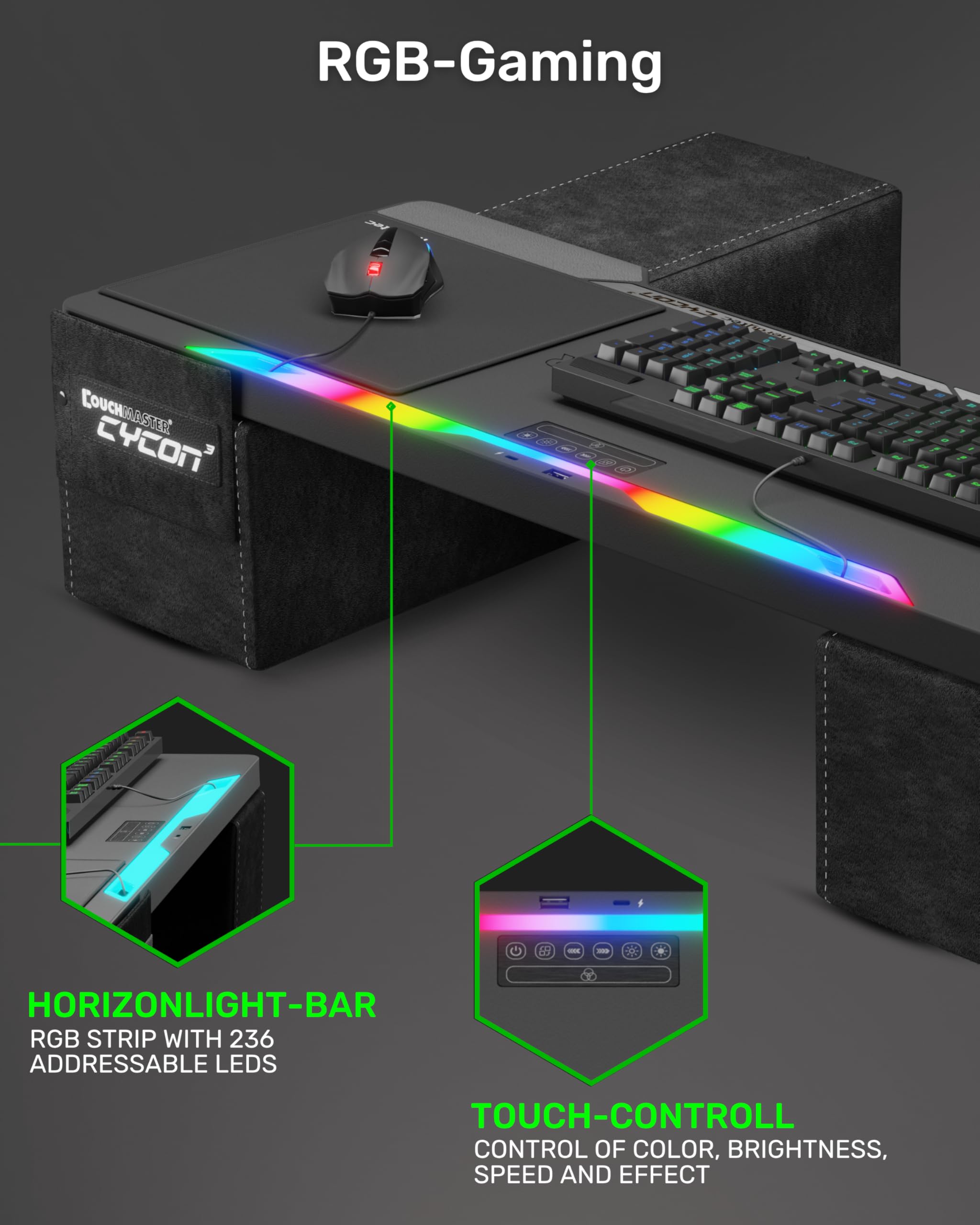 CYCON³ HORIZONLIGHT Bar, Ultimate Ergonomic USB-Hub Gaming Lap Desk for Couch and Bed, Large, Stable and Compatible with All Keyboards and Mouse/Mice, Laptops, PCs, PS4/5, Xbox