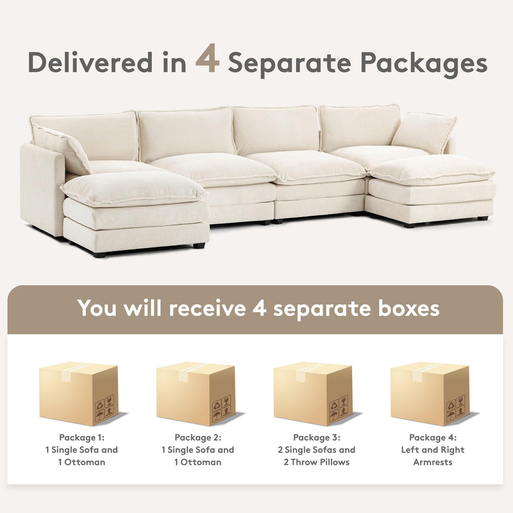148'' Sectional Cloud Couch with 2 Ottomans, Oversized 4 Seat Sleeper Sofa with 2 Throw Pillows, Convertible Upholstered U Shaped Cozy Sofa Furniture Set for Living Room and Office, Beige