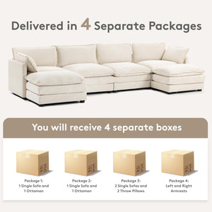 148'' Sectional Cloud Couch with 2 Ottomans, Oversized 4 Seat Sleeper Sofa with 2 Throw Pillows, Convertible Upholstered U Shaped Cozy Sofa Furniture Set for Living Room and Office, Beige