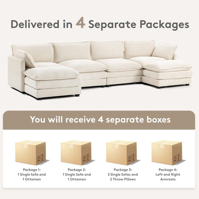 148'' Sectional Cloud Couch with 2 Ottomans, Oversized 4 Seat Sleeper Sofa with 2 Throw Pillows, Convertible Upholstered U Shaped Cozy Sofa Furniture Set for Living Room and Office, Beige