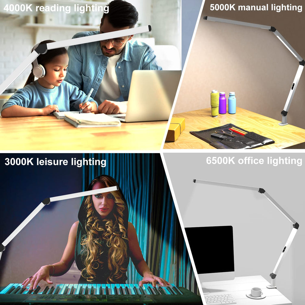 LED Desk Lamp with Clamp, Dual Light Table Lamp with Adjustable Swing Arm, Eye-Care 4 CCT Modes & 5 Brightness Levels Clip-on Architect Modern Desk Light for Home Office Crafting Sewing