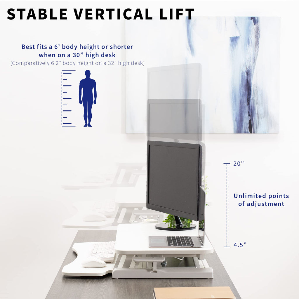 32 inch Desk Converter, K Series, Height Adjustable Sit to Stand Riser, Dual Monitor and Laptop Workstation with Wide Keyboard Tray, White, DESK-V000KW