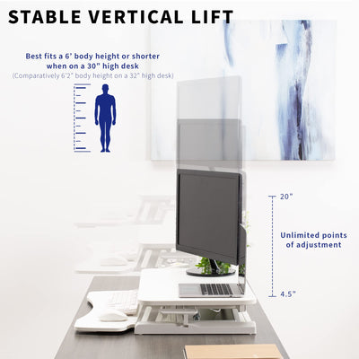 32 inch Desk Converter, K Series, Height Adjustable Sit to Stand Riser, Dual Monitor and Laptop Workstation with Wide Keyboard Tray, White, DESK-V000KW