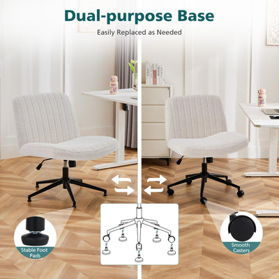 Criss Cross Chair with Wheels Wide Cross Legged Office Desk Vanity Chair Comfy Fabric Armless Adjustable Swivel for Home Computer Task PU Brown