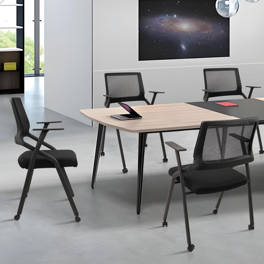 Stackable Foldable Conference Room Chairs with Wheels, Portable Padded Office Desk Chair with Lumbar Support and Armrest for Training Room, Guest, Reception, Black (1pk)