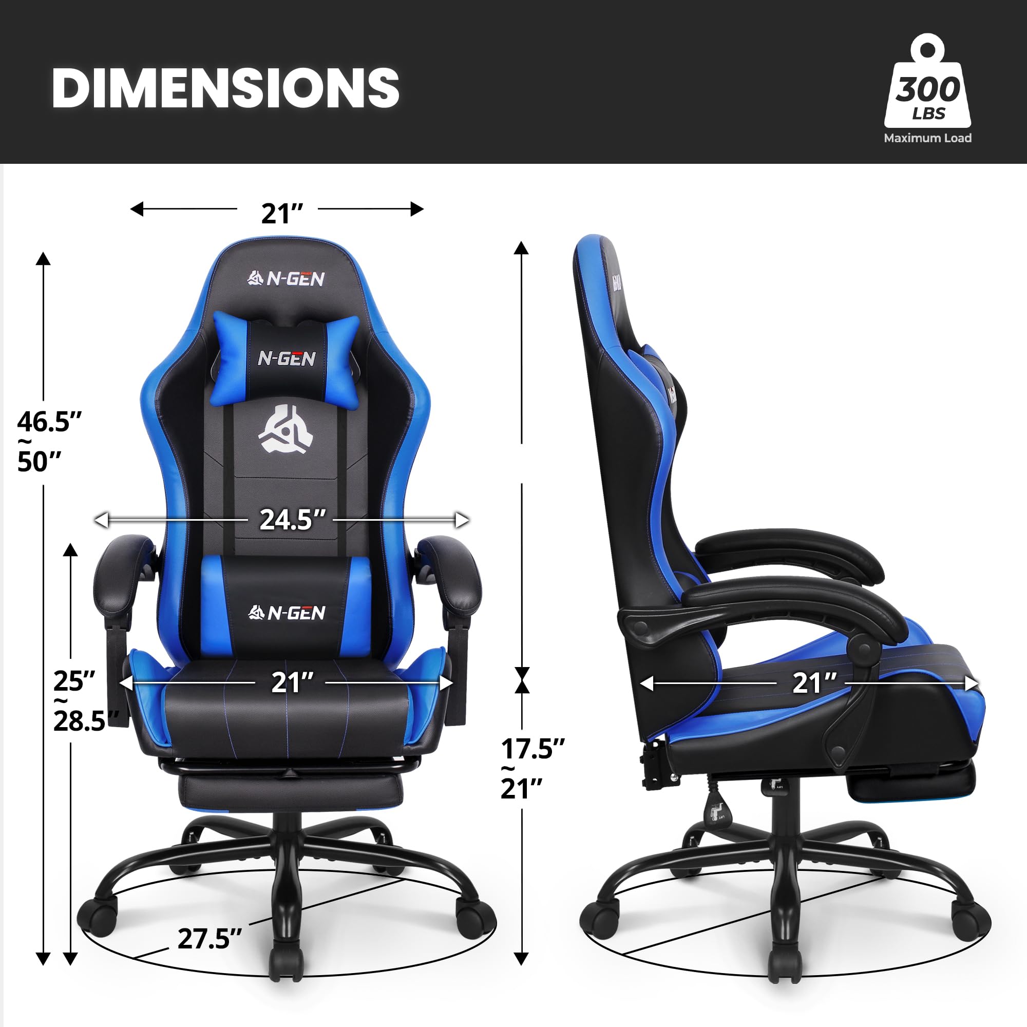 Video Gaming Chair with Footrest Lumbar Support for Home Office High Back Recliner Height Adjustable Ergonomic Comfy Leather Computer Desk Chair (Blue)