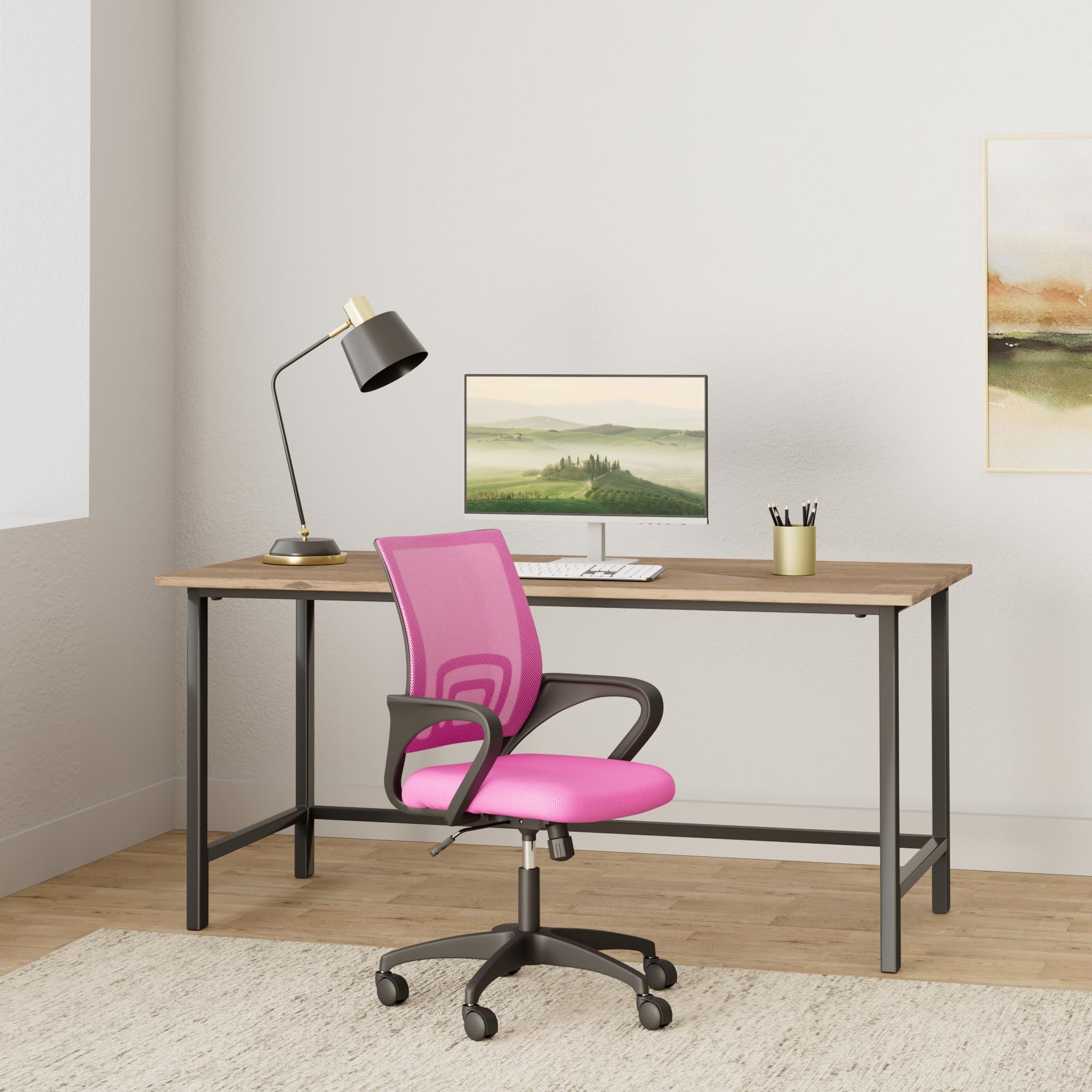 Ergonomic Office Chair | Mid-Back Swivel Desk Chair | Breathable Backrest & Lumbar Support | Adjustable Height | Sponge Seat | Rolling Wheels | Pink | for Adults & Women | Pack of 2