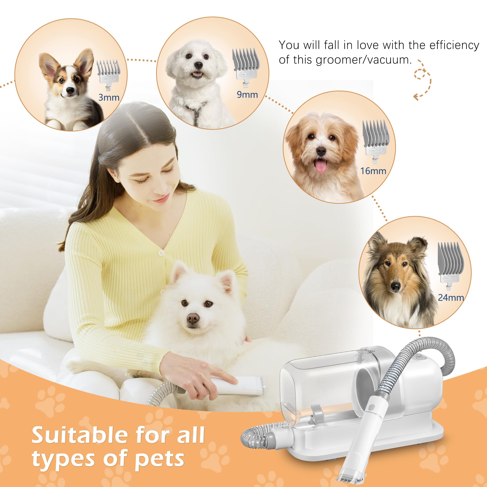 Grooming Kit with 2.3L Vacuum Suction 99% Pet Hair, Pet Grooming Vacuum Low Noise with 5 Tools and 4 Different Lengths Clipper Guards for Dog Cat (White)